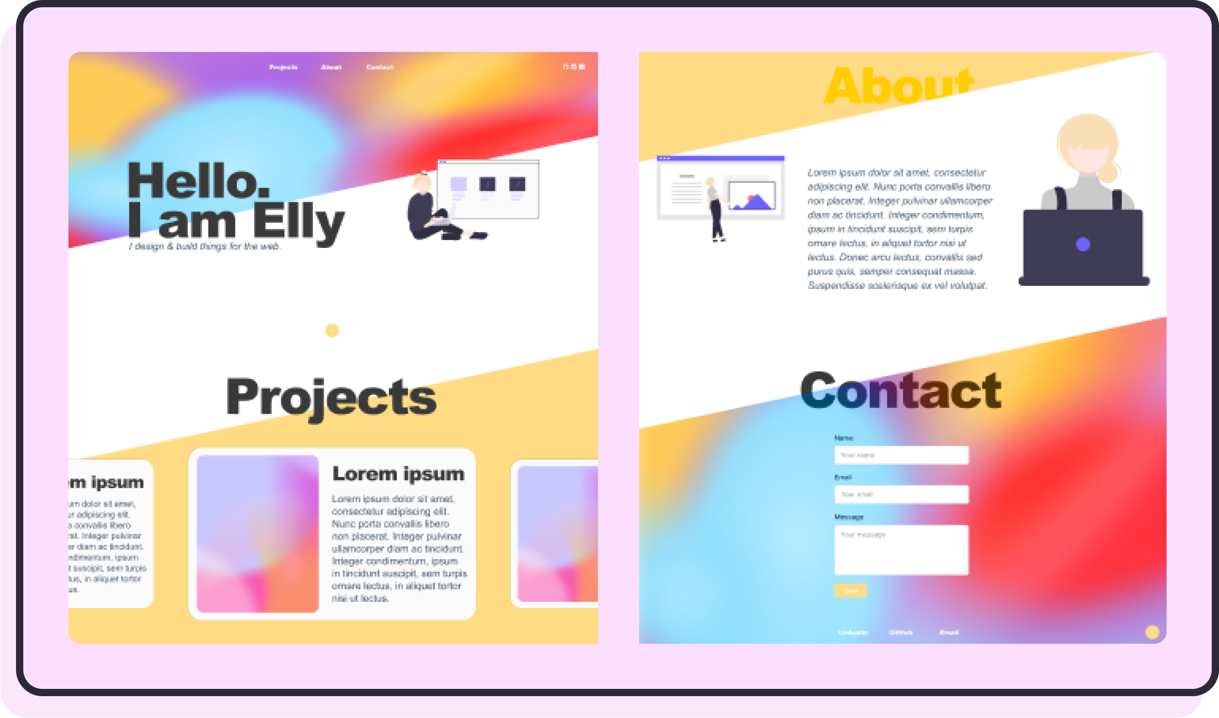 A design frame in Figma with an early design of my portfolio website. The design has an alternating gradient and solid colour backgrounds, filled with placeholder content.