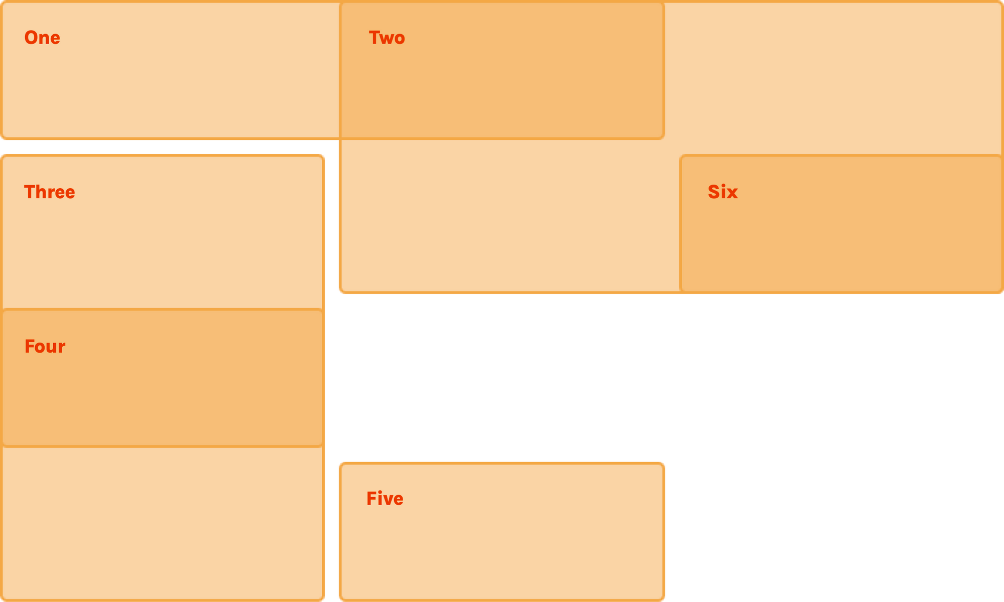 A grid of 6 semi transparent elements overlapping in different ways.