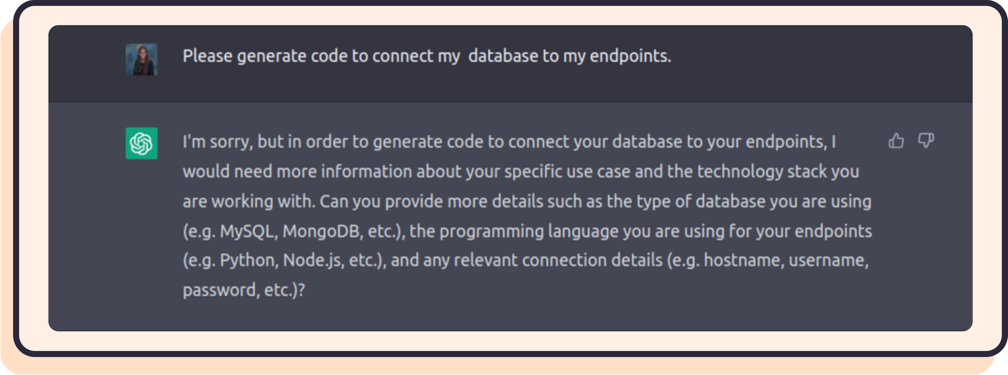 a screenshot asking ChatGPT to generate code to connect our database to our endpoints