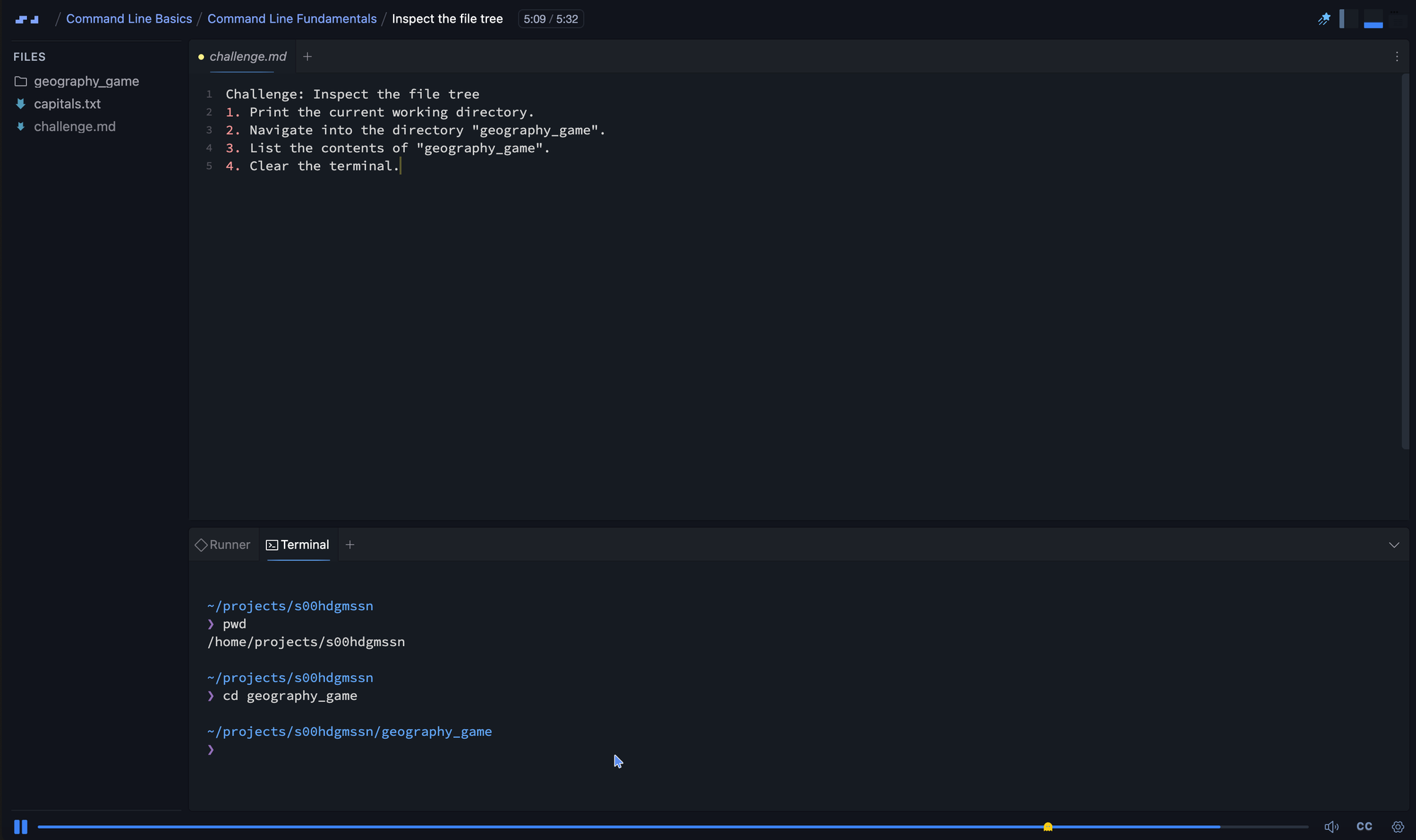 A Command Line Basics exercise running in the browser: the challenge lists four tasks on the left while the terminal below shows pwd returning the working directory and cd moving into the geography_game folder, with the prompt updating to match.