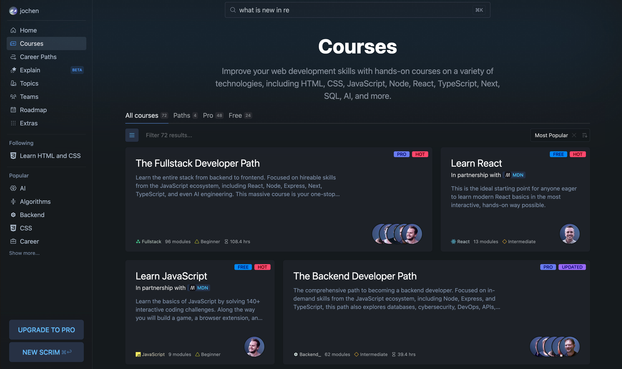 Scrimba's course catalog with its tier tabs visible: 72 courses in total, 4 career paths, 48 Pro, and 24 free.