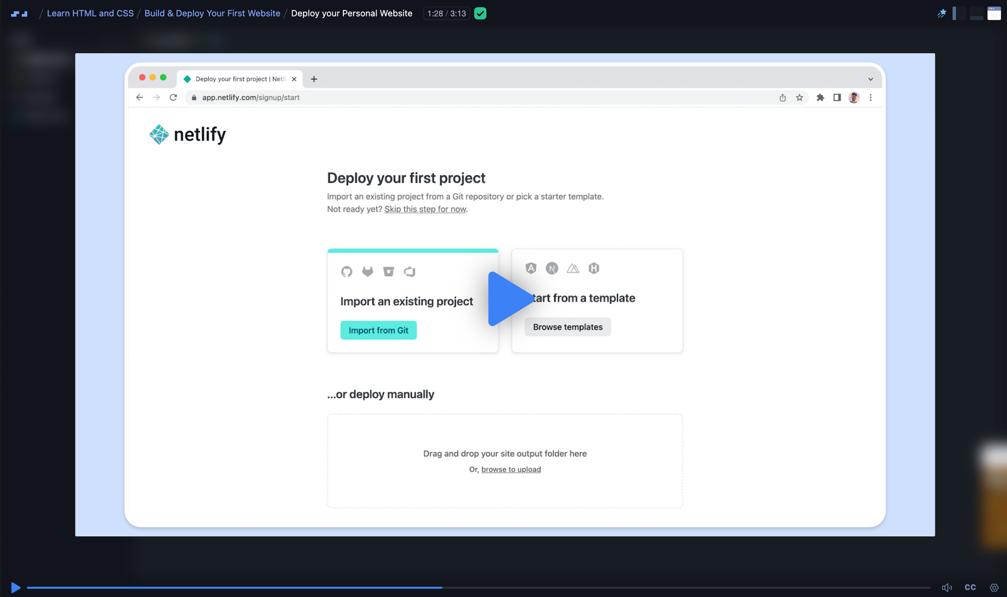 Netlify's deploy screen as shown in Scrimba's free Deploy your Personal Website lesson: import from Git, start from a template, or drag and drop a site folder to deploy manually.