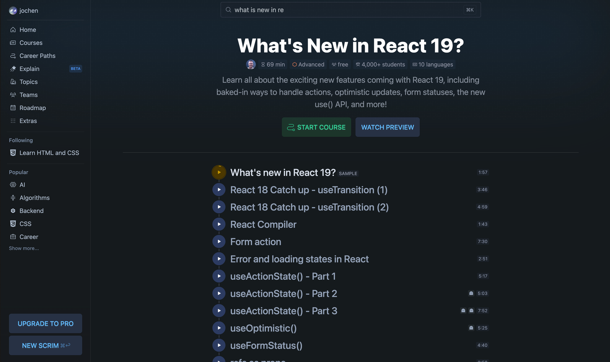 The free What's New in React 19? course listing its lessons: the React Compiler, form actions, error and loading states, useActionState across three parts, useOptimistic, and useFormStatus.