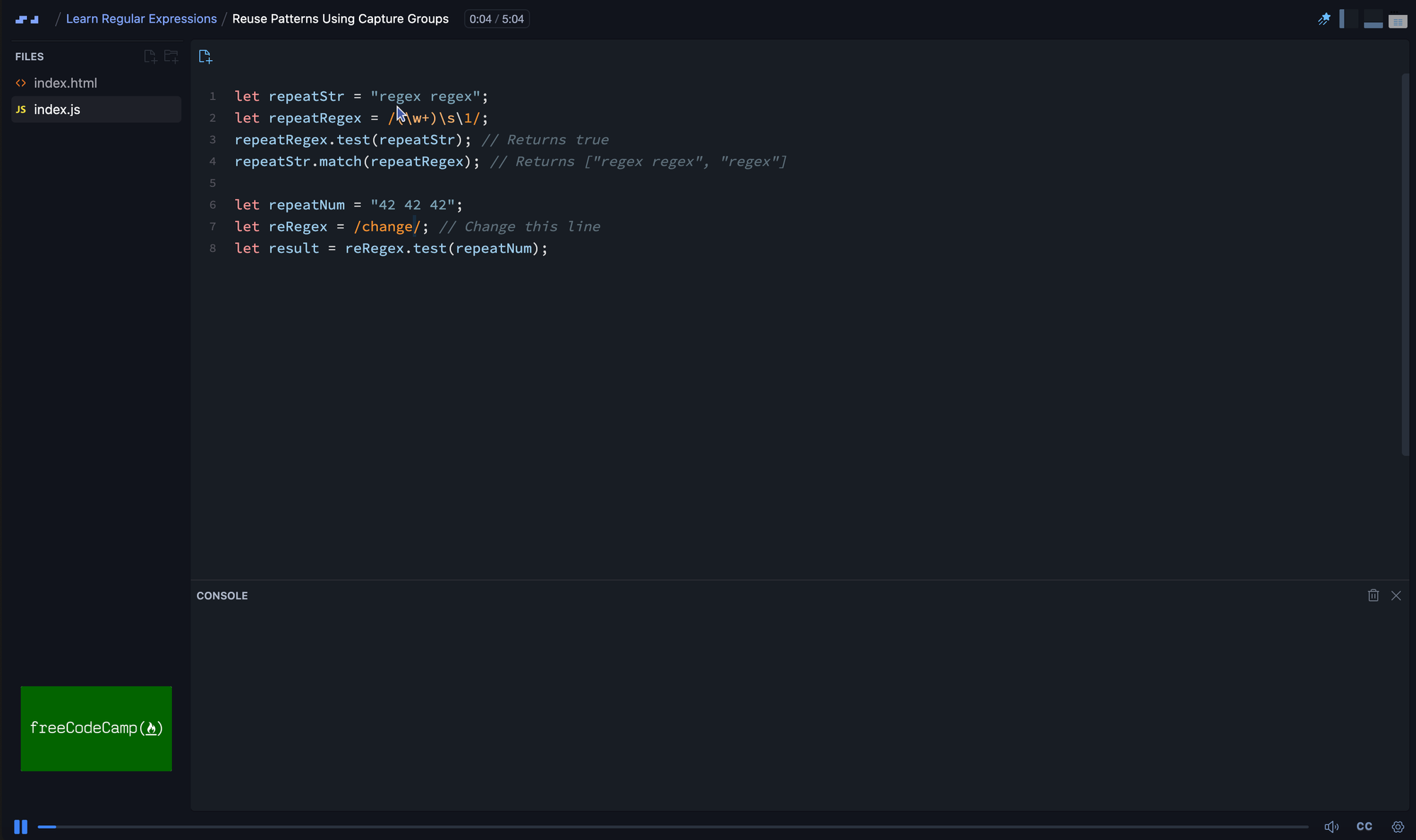 A lesson from the free Learn Regular Expressions course covering capture groups: the editor shows a backreference pattern matching a repeated word, with the expected return values noted inline.