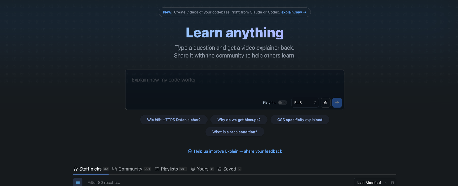The Scrimba Explain page at scrimba.com/explain. A question is typed straight into the input, whose placeholder reads 