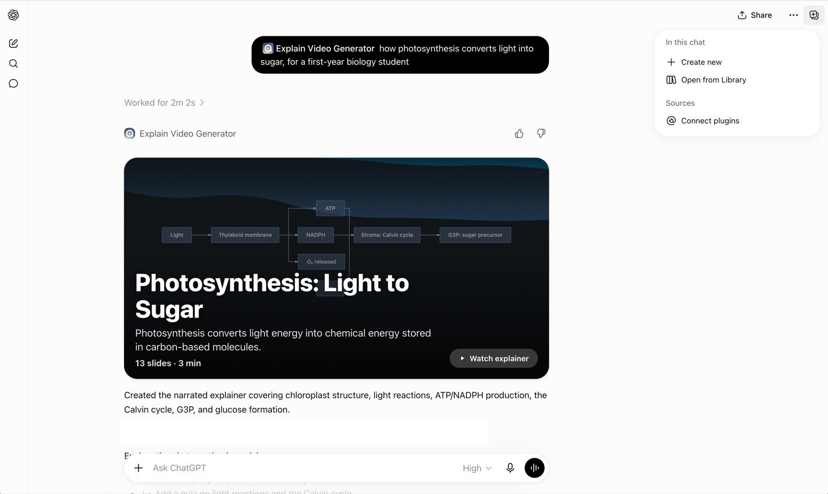 The Explain Video Generator plugin answering inside ChatGPT. A line above the reply reads