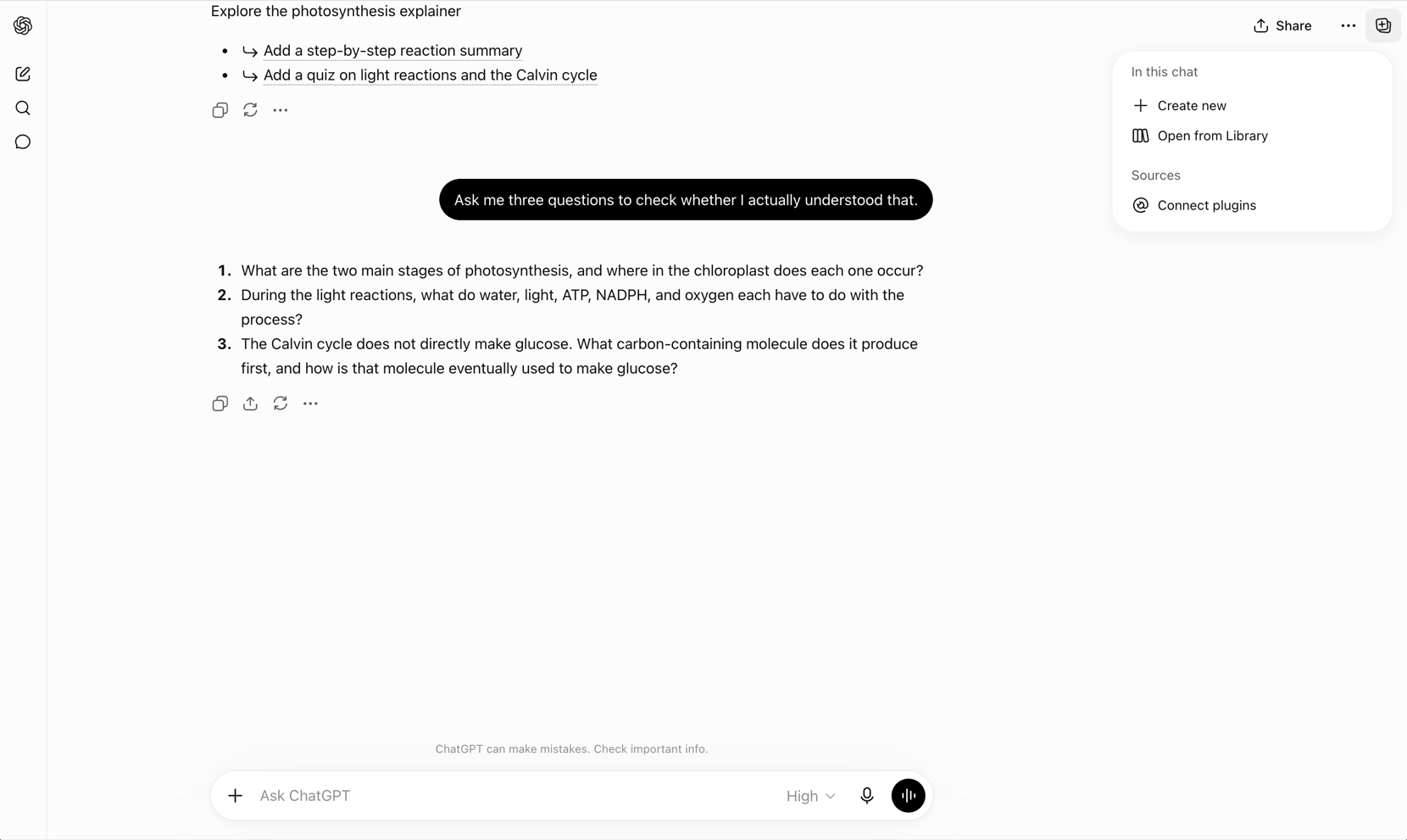 A follow-up in the same conversation returning three comprehension questions: the two stages of photosynthesis and where each happens, the roles of water, light, ATP, NADPH and oxygen, and why the Calvin cycle does not directly produce glucose.