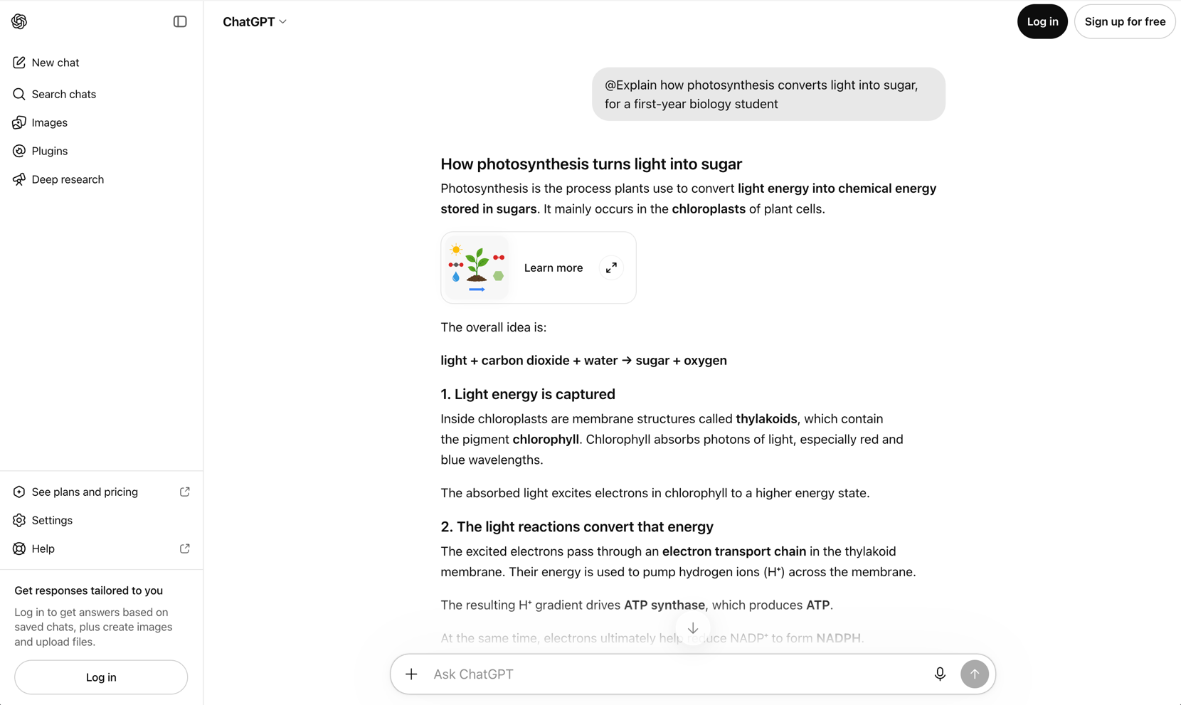A ChatGPT reply to a prompt that begins with the plugin's name. The answer is ordinary prose about photosynthesis with no plugin card, no run indicator and no error: the name was read as the everyday word