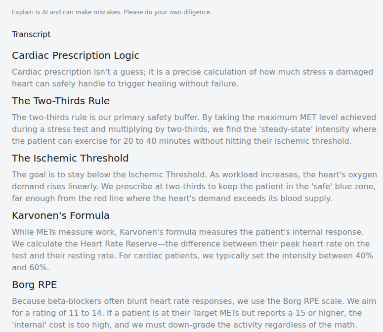 The transcript under the Cardiac Prescription Logic explainer, below the line 