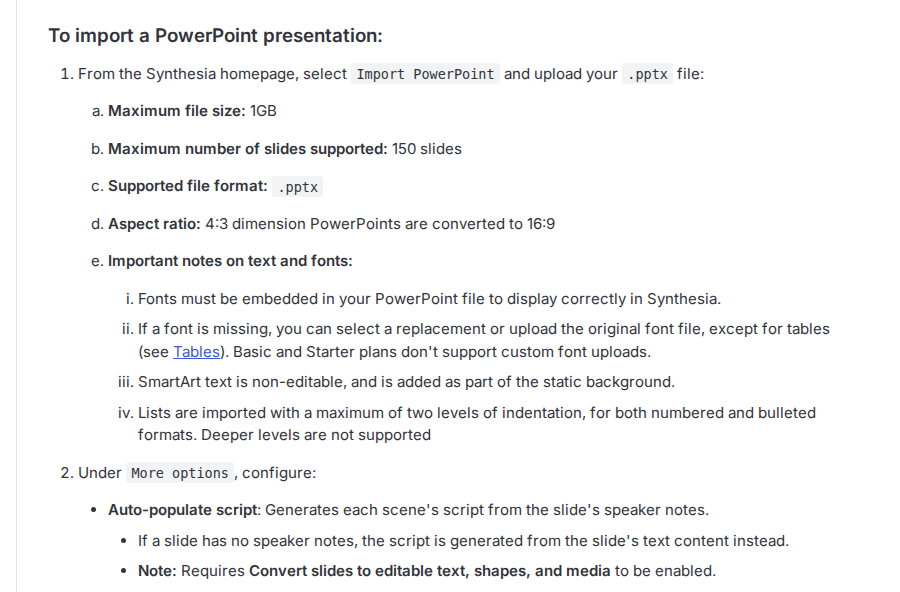 Synthesia's Import PowerPoint documentation: upload a 