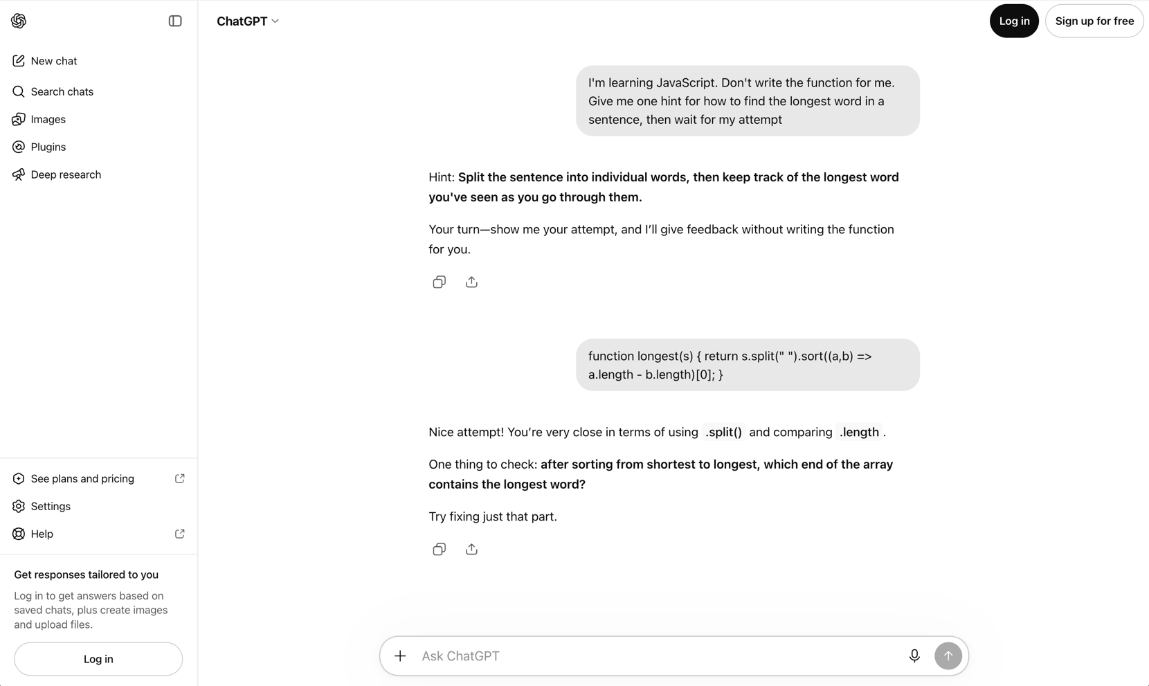 The same thread. The learner's attempt sorts ascending and takes index zero. The reply credits the use of split and length, then asks which end of the array holds the longest word after sorting from shortest to longest, and says to fix just that part.