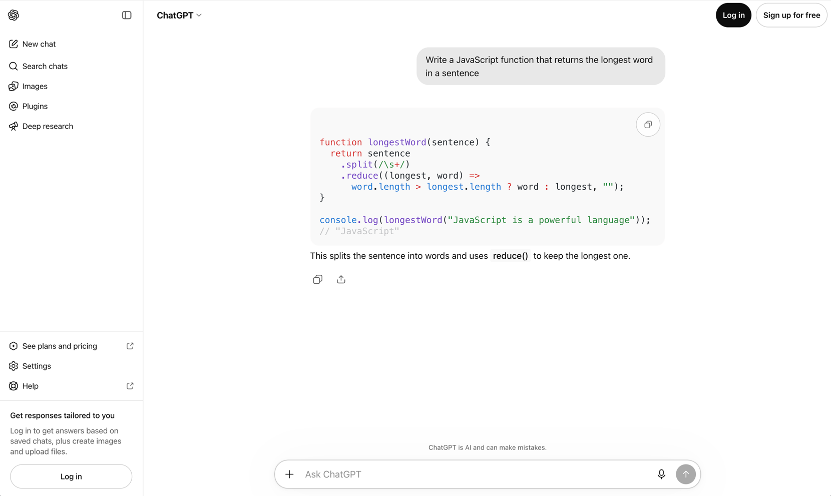 A signed-out ChatGPT window. The prompt reads