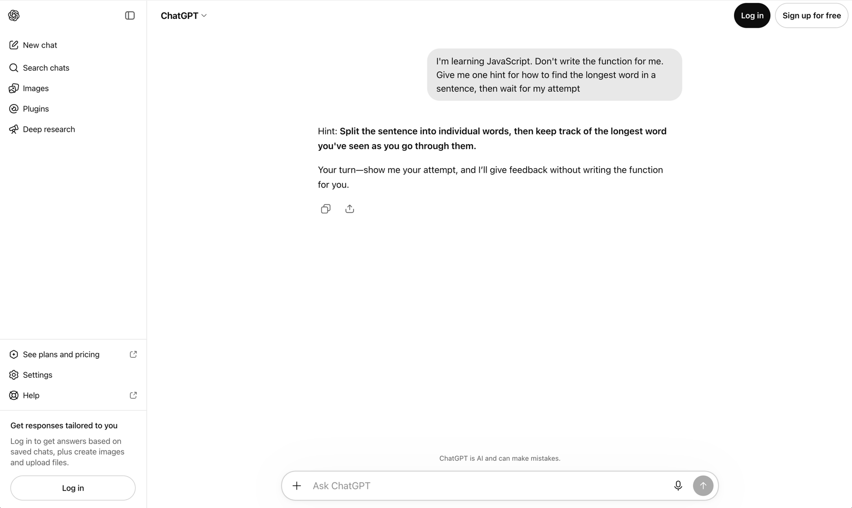 The same signed-out ChatGPT window. The prompt asks for one hint and no function. The reply gives a single bolded hint about splitting the sentence into individual words and keeping track of the longest word seen, then offers feedback on the reader's attempt without writing the function.