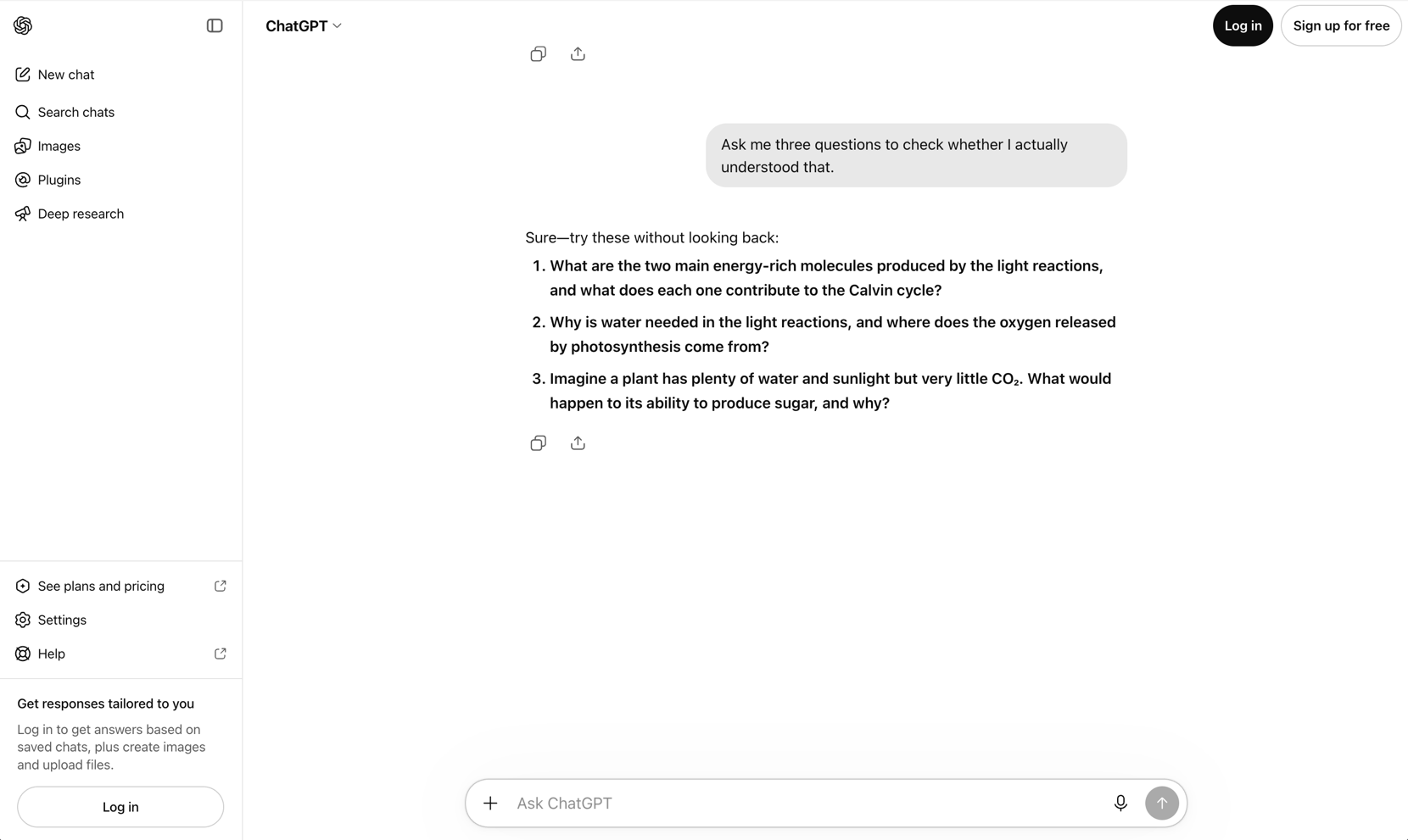 A ChatGPT reply in a plain conversation with no plugin installed, listing three numbered comprehension questions about the photosynthesis explanation it had just given.