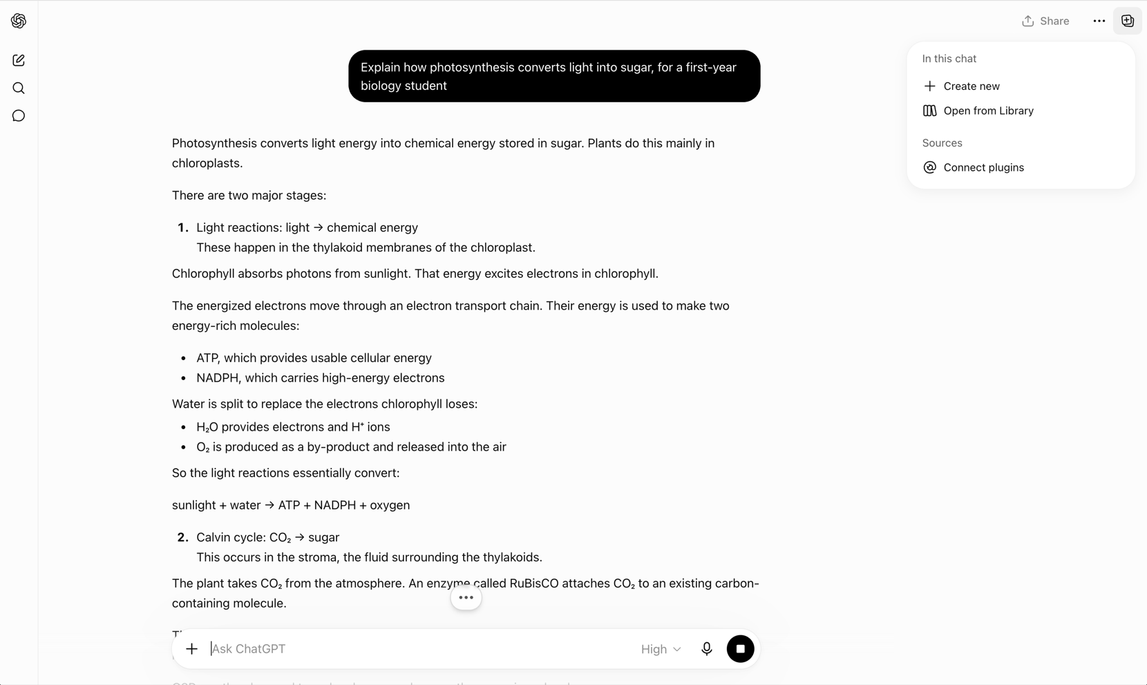 A ChatGPT answer to a question about how photosynthesis converts light into sugar. The reply is a long structured prose explanation with headings and no plugin card, no run indicator and no attached media.