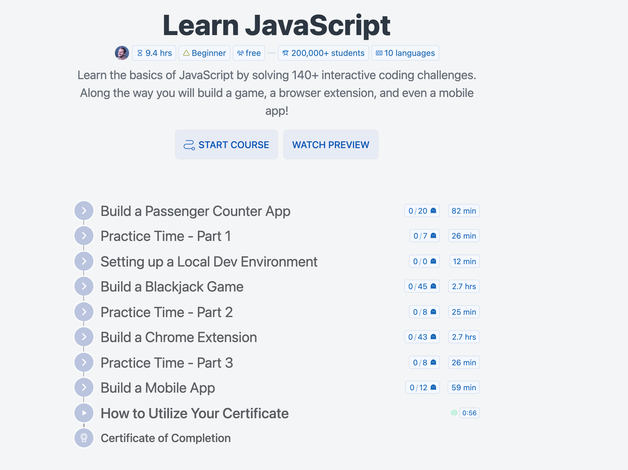 The Learn JavaScript course page on Scrimba, signed out. The header reads 9.4 hrs, Beginner and free, and the module list below shows Build a Passenger Counter App, three Practice Time sections, Setting up a Local Dev Environment, Build a Blackjack Game, Build a Chrome Extension, Build a Mobile App and a Certificate of Completion.
