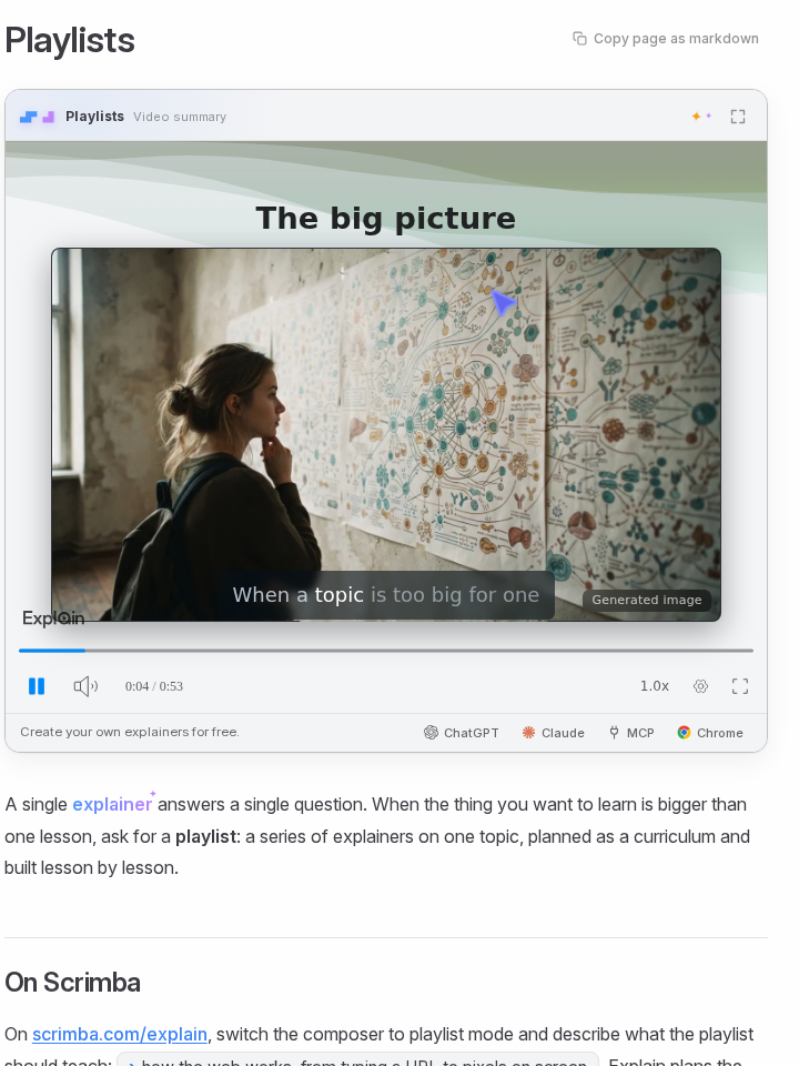 The Playlists page of Scrimba's Explain docs with its embedded video summary playing at 0:04 of 0:53: a slide titled