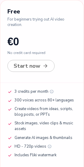 The Free plan card on Fliki's pricing page: 