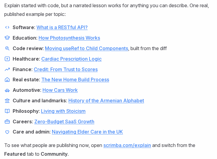 Scrimba's docs page listing