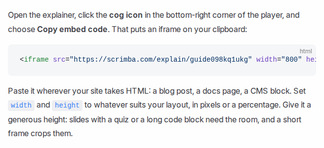 Scrimba's Explain docs on embedding: