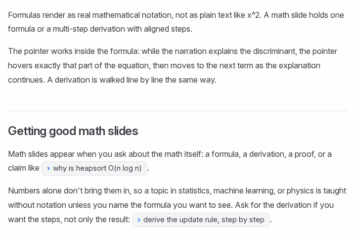 Scrimba's docs on math slides: 