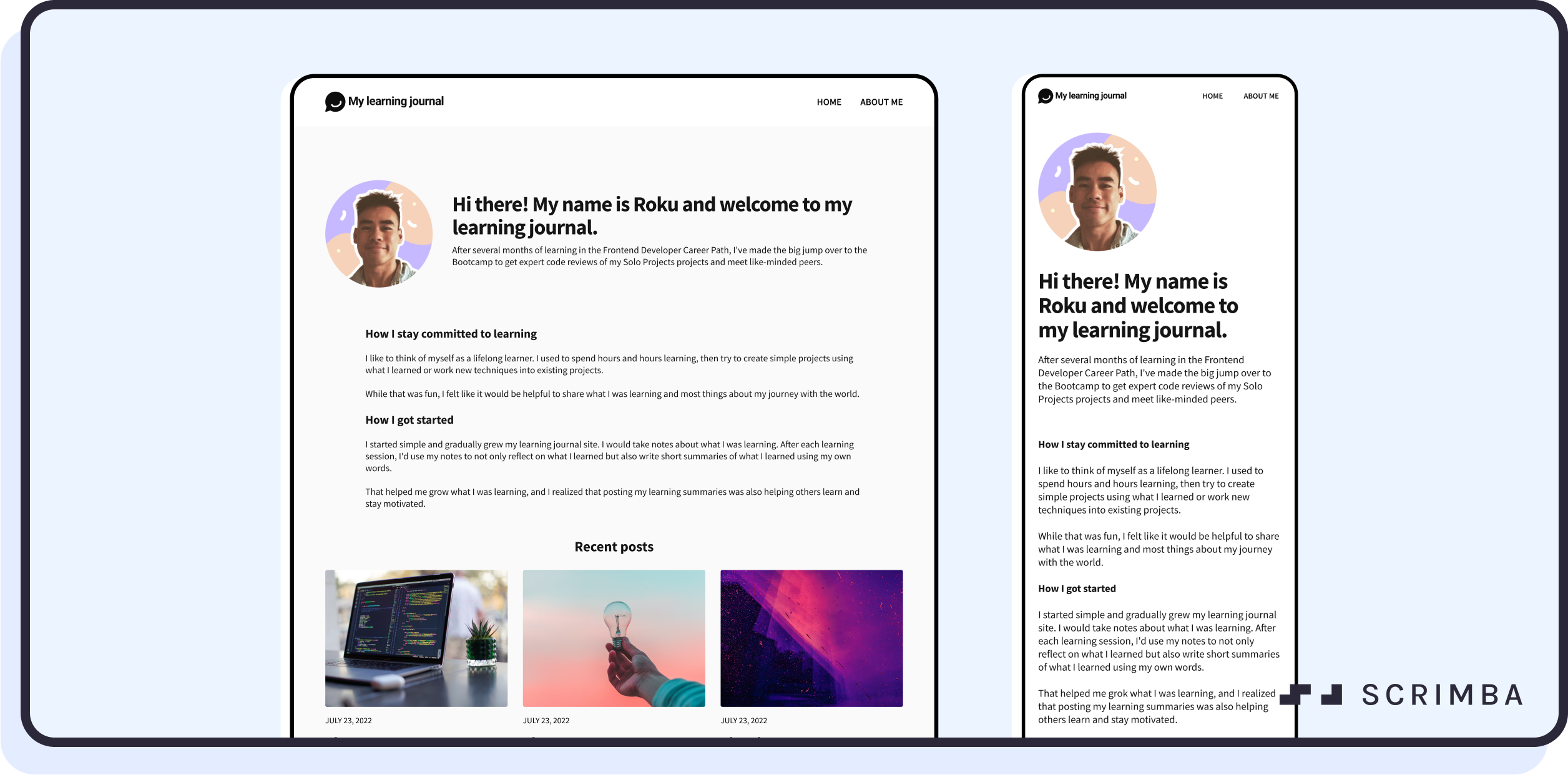Learning journal website design for desktop and mobile screens.
